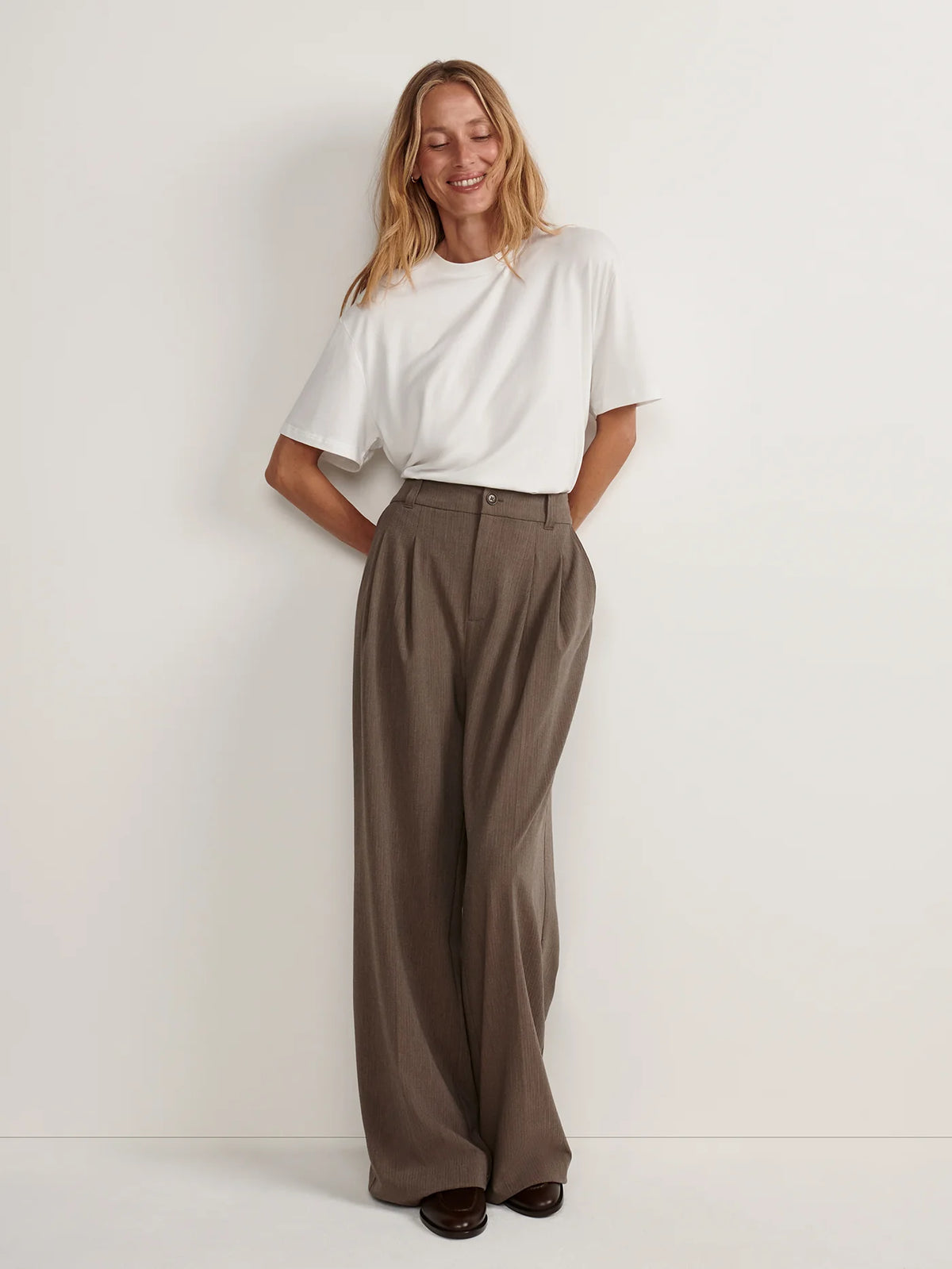 Textured Pinstripe Pleated Wide Leg Trouser Regular